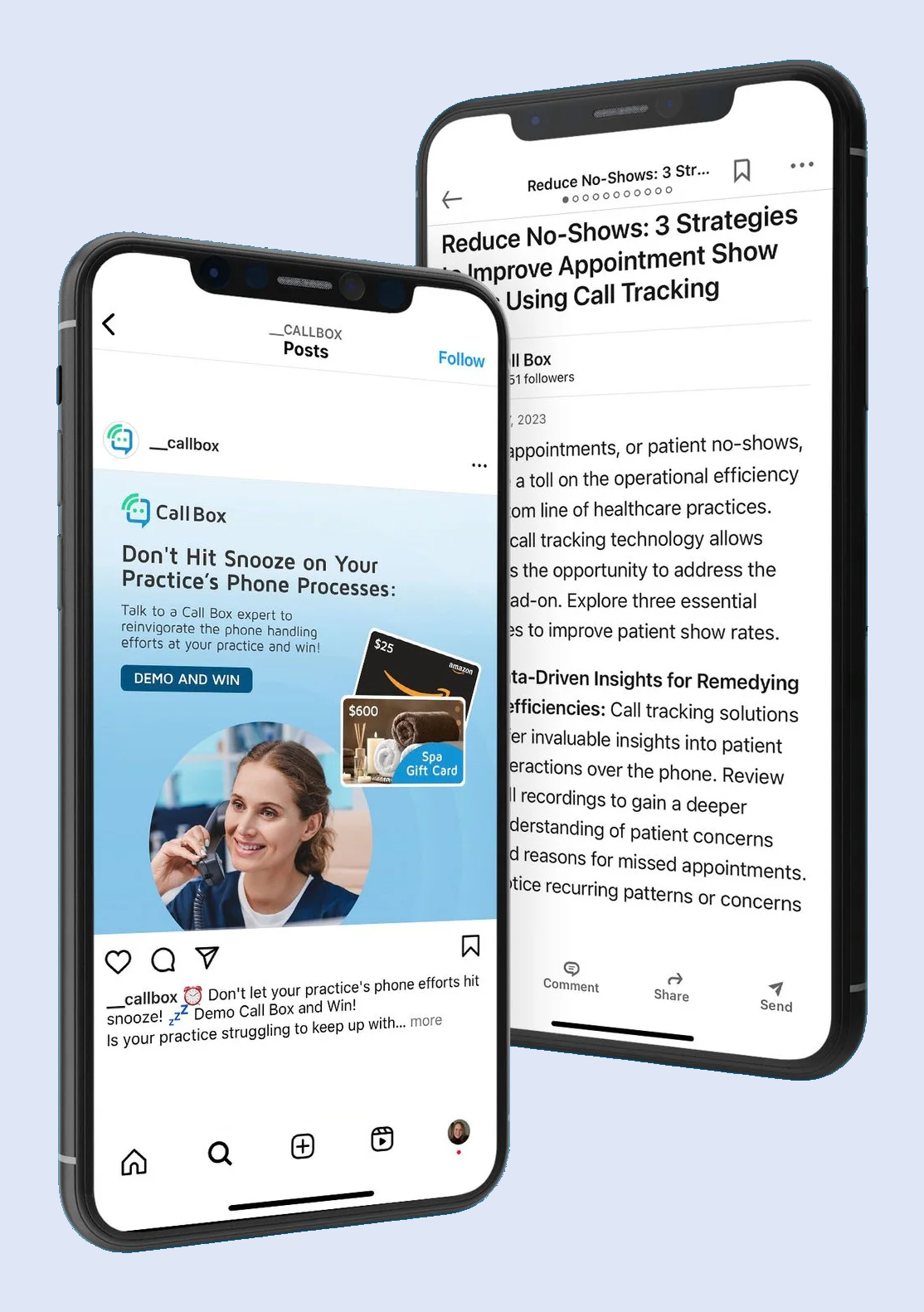 A Call Box Instagram post and a LinkedIn newsletter article shown on two phones