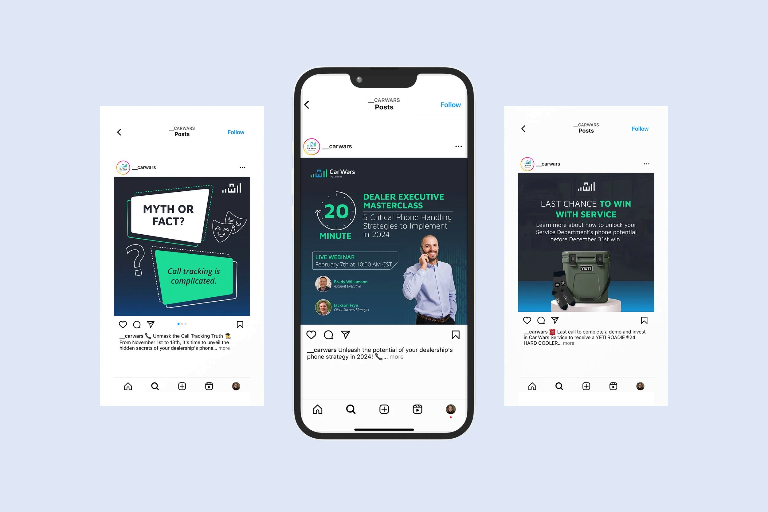 Three Car Wars Instagram posts shown in phone mockups