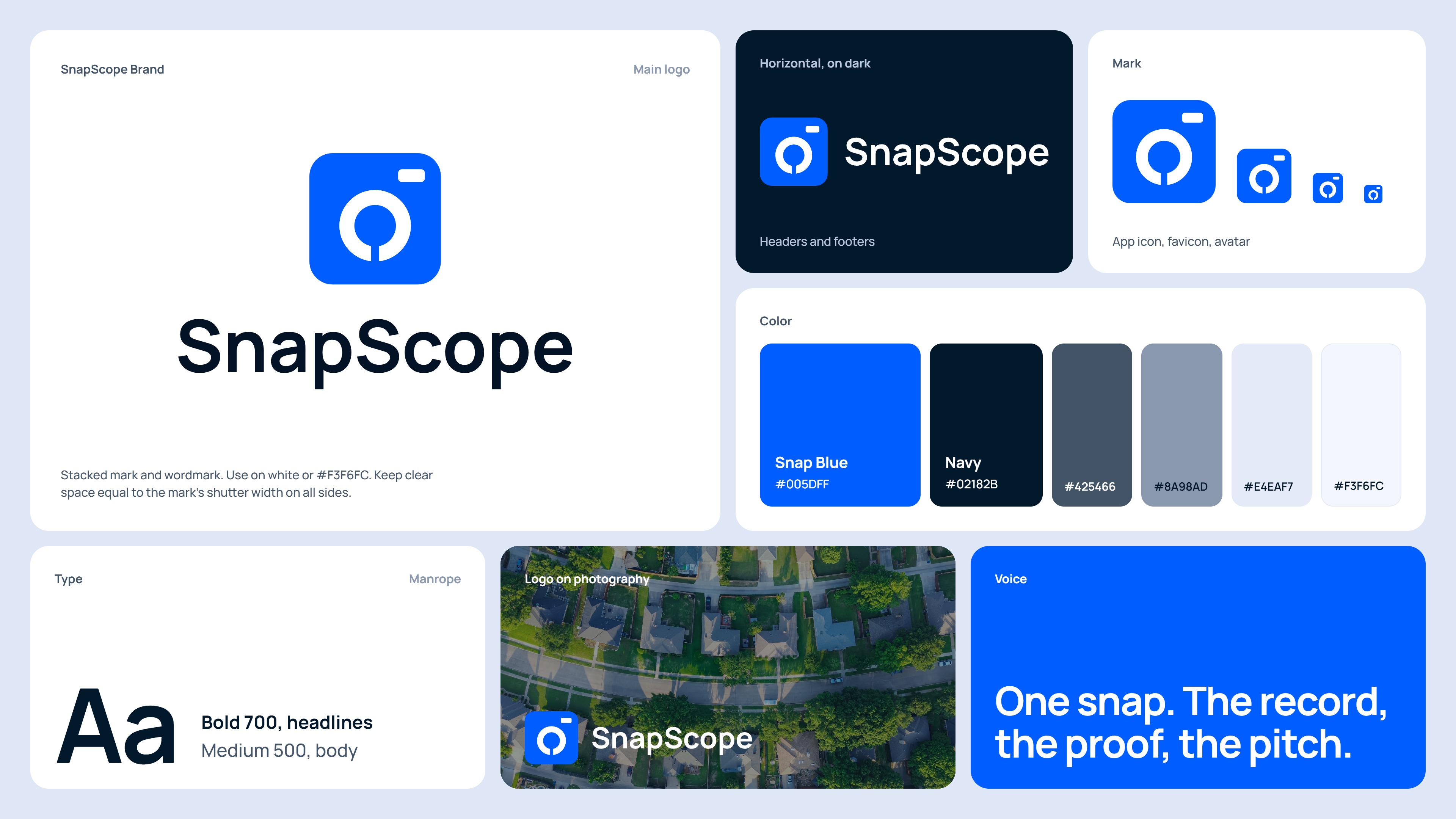 SnapScope brand sheet: main logo, horizontal logo on dark, app icon sizes, color palette, Manrope type, logo on photography and brand voice