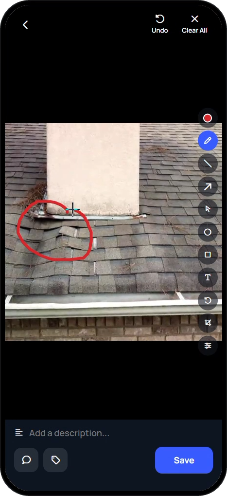 Photo markup screen with drawing tools beside a roof photo