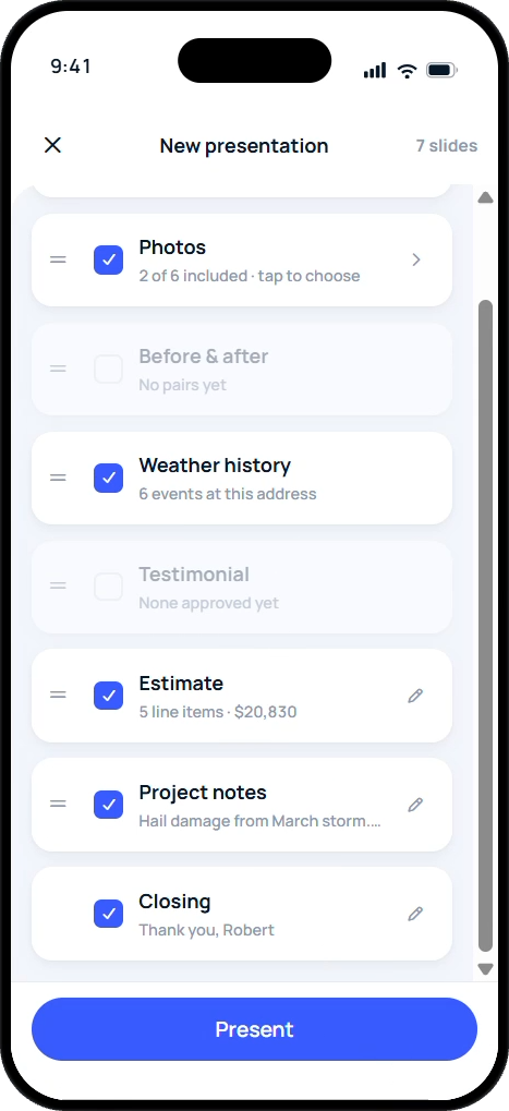 New presentation screen listing photos, weather history, estimate and notes