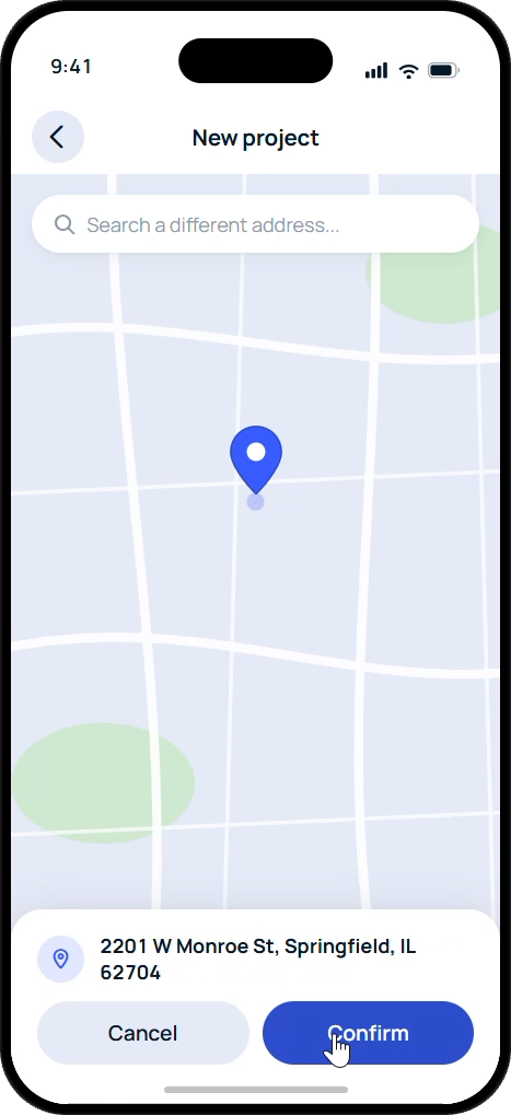 New project screen confirming the address from the contractor's location